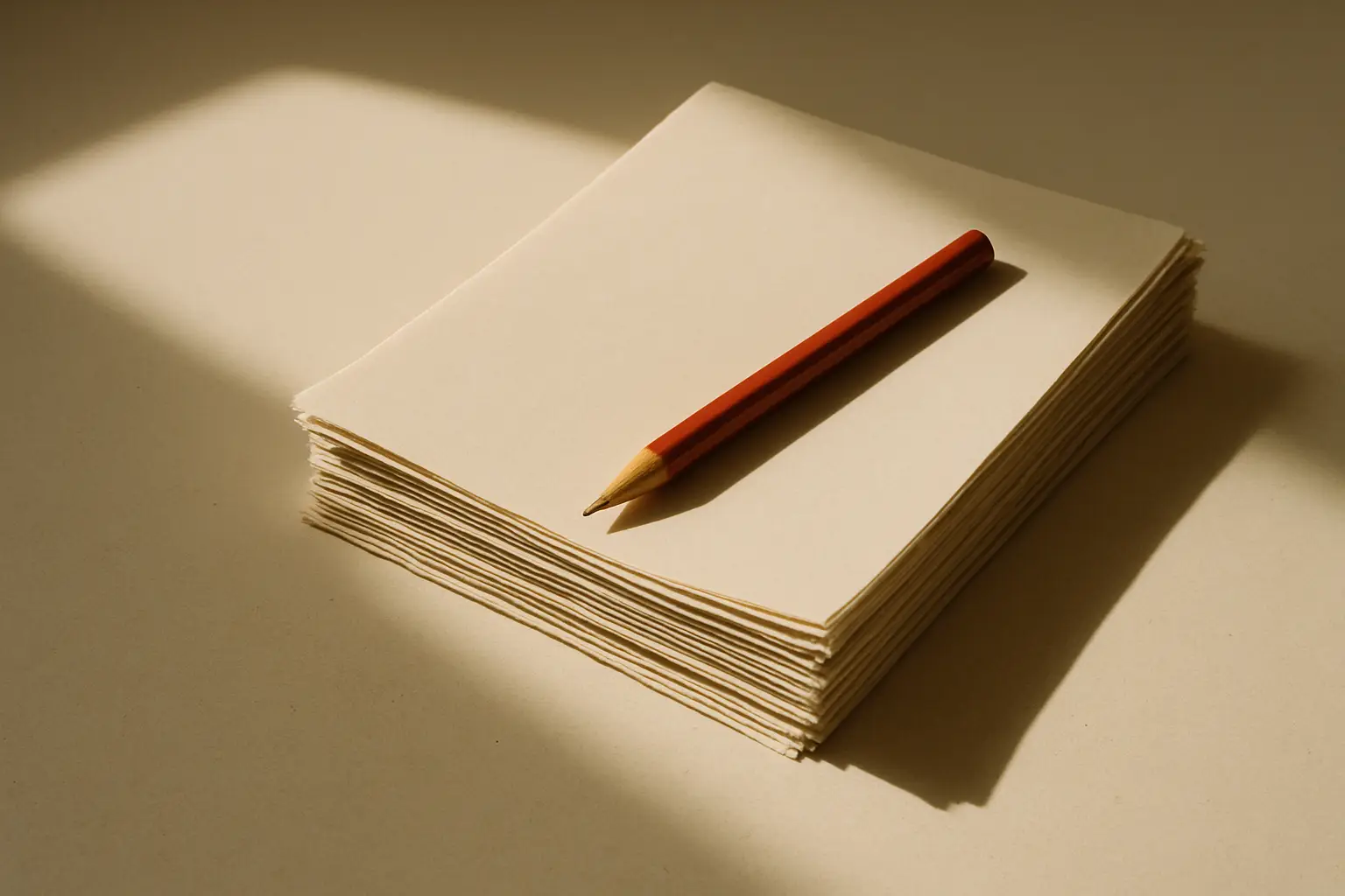 A stack of trimmed paper sheets on a plain surface, lit from the upper left, with a red pencil resting across the top.